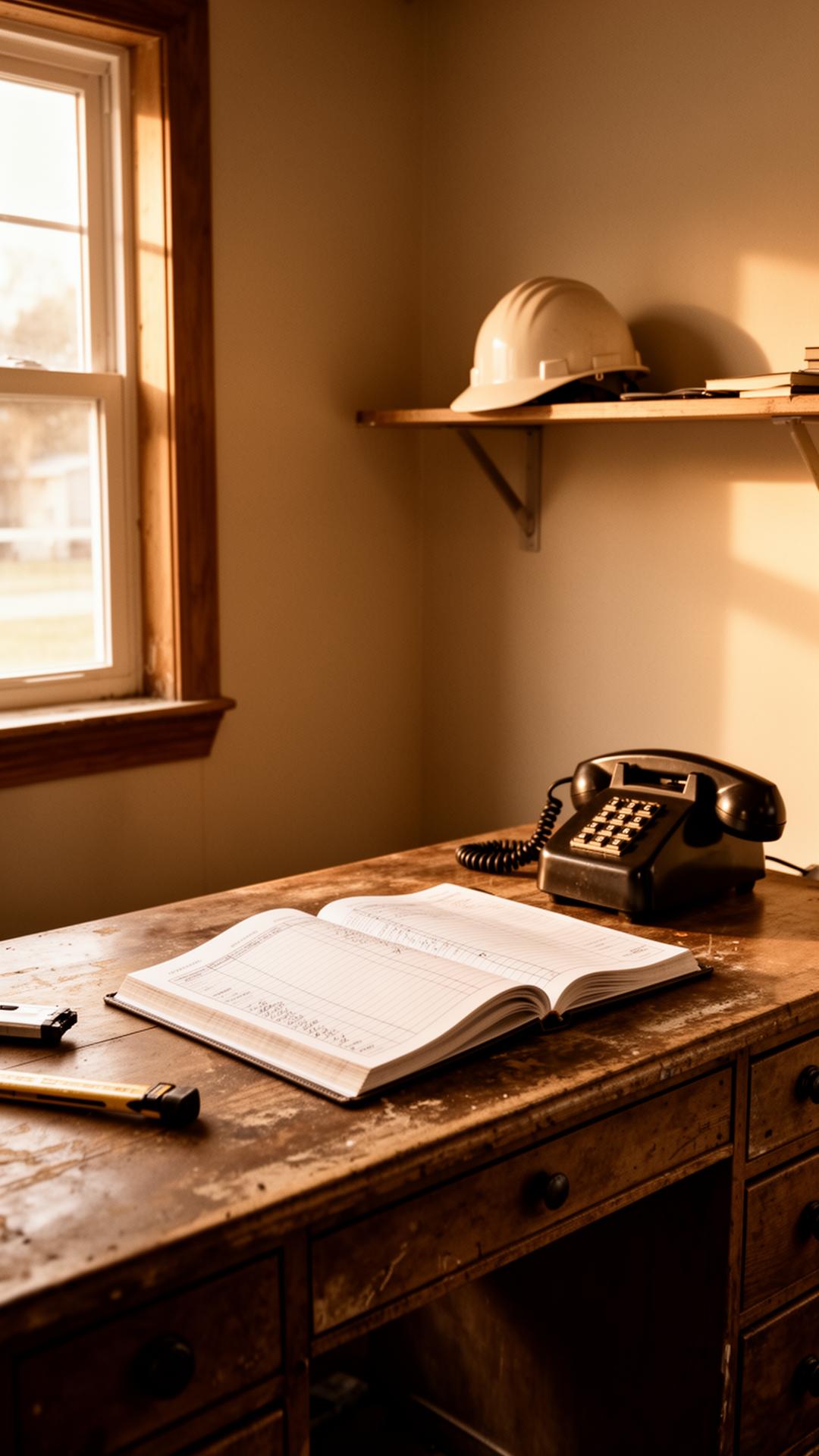 A small contractor's office — a worn wooden desk with a ledger book, a vintage phone, and a hard hat on a shelf.