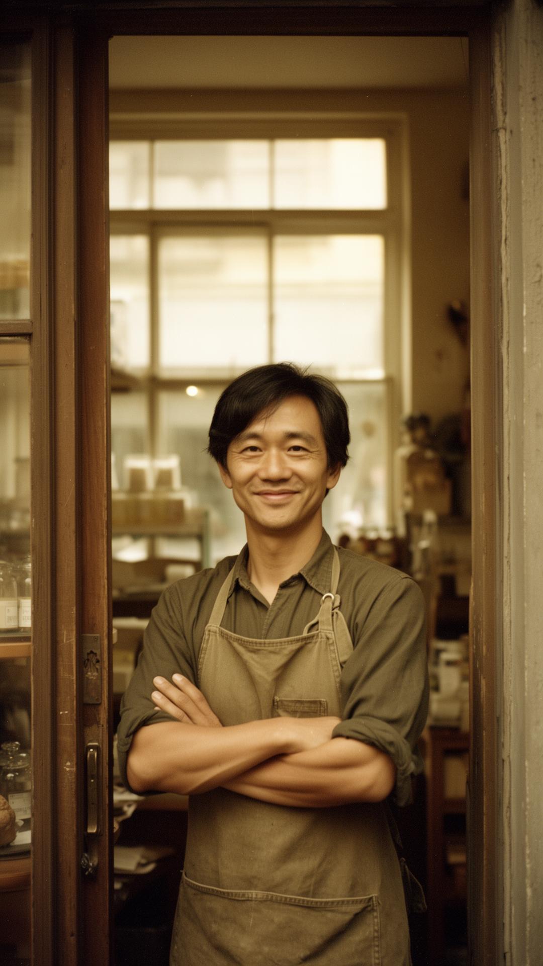 An independent small business owner standing in the doorway of their shop, arms crossed, under an OPEN sign.