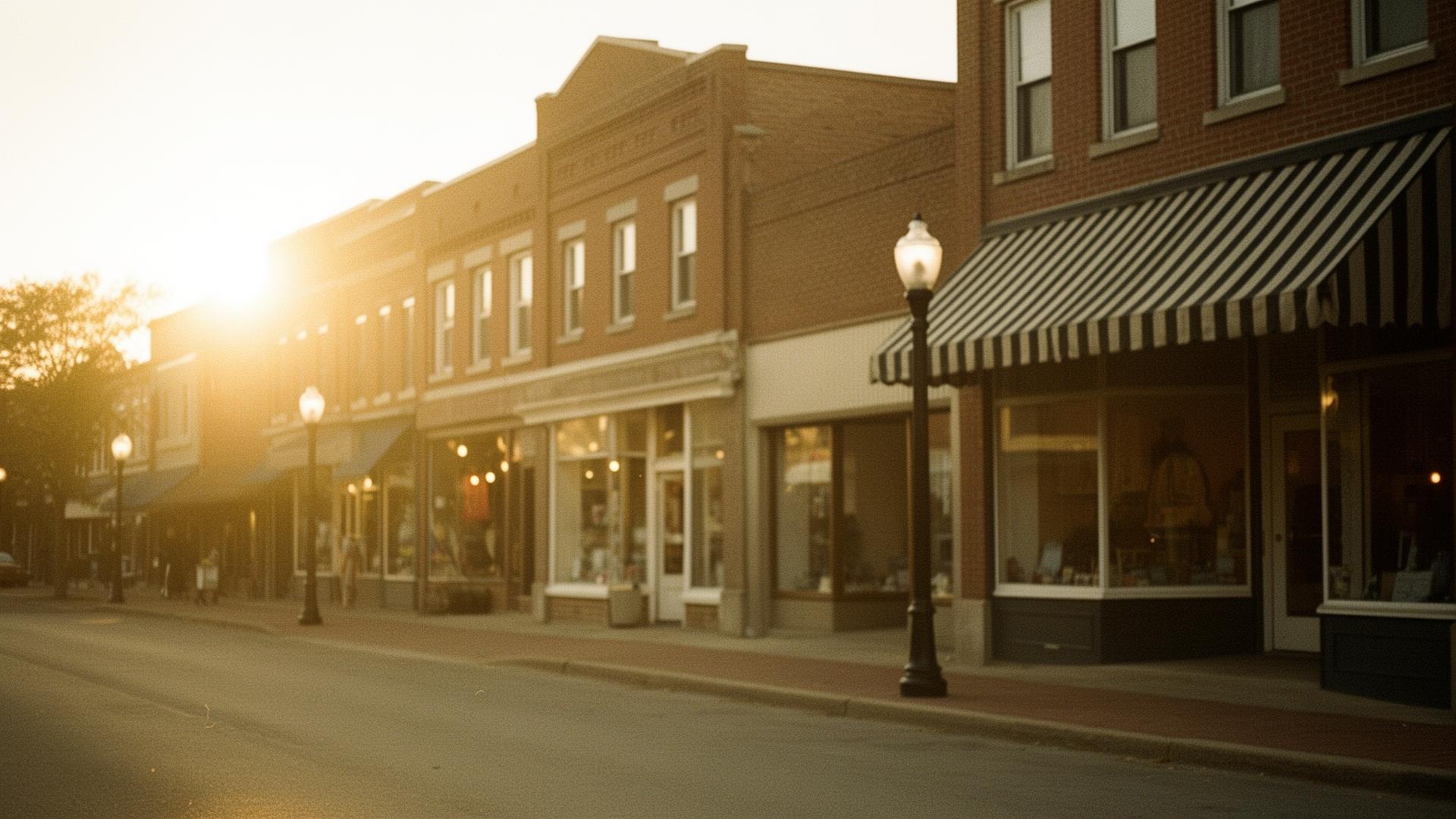 A classic American Main Street at golden hour — brick storefronts with warm lit windows, awnings, and hand-painted signs.