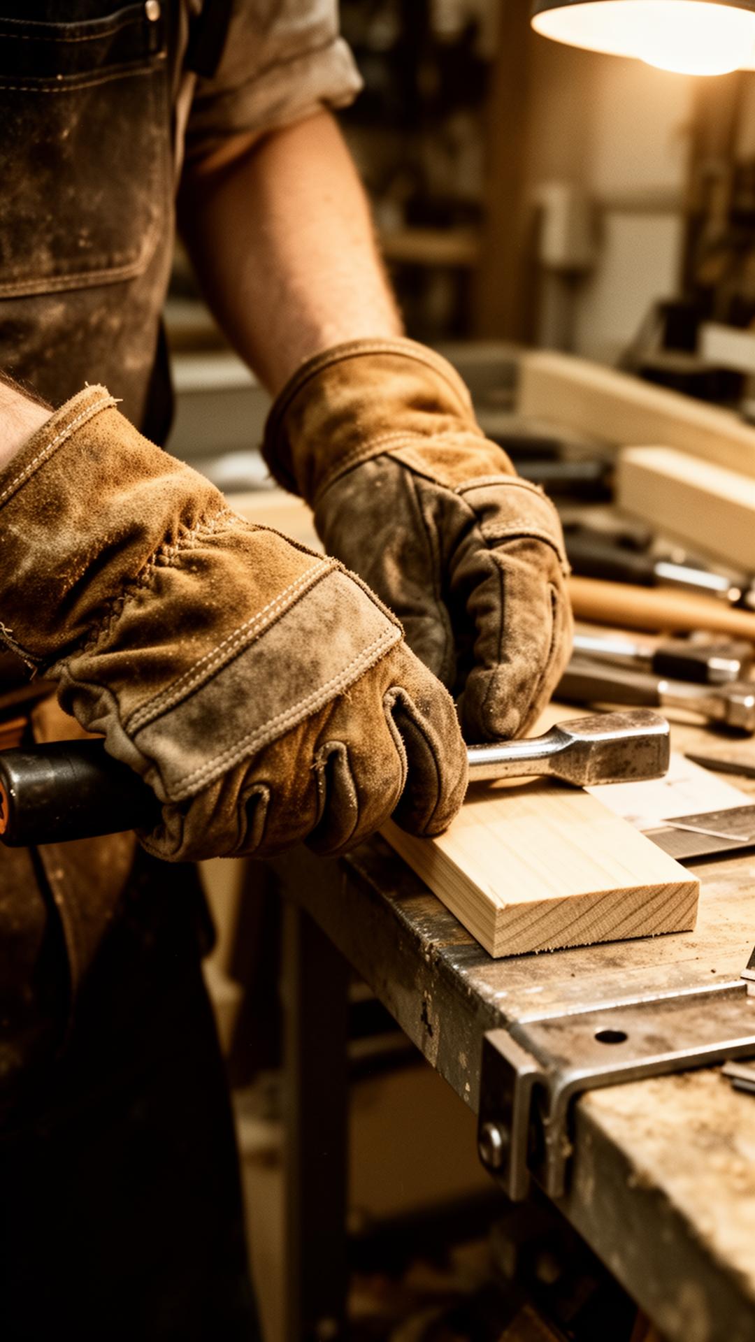 Hands of a skilled tradesperson in leather work gloves at a workshop bench.